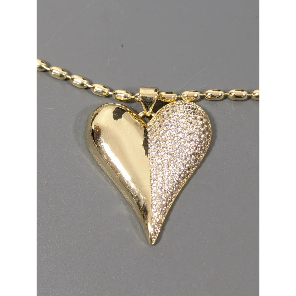 M & M Accessories Gold Tone Pave Crystal Puffy Heart Necklace Earring Set‎